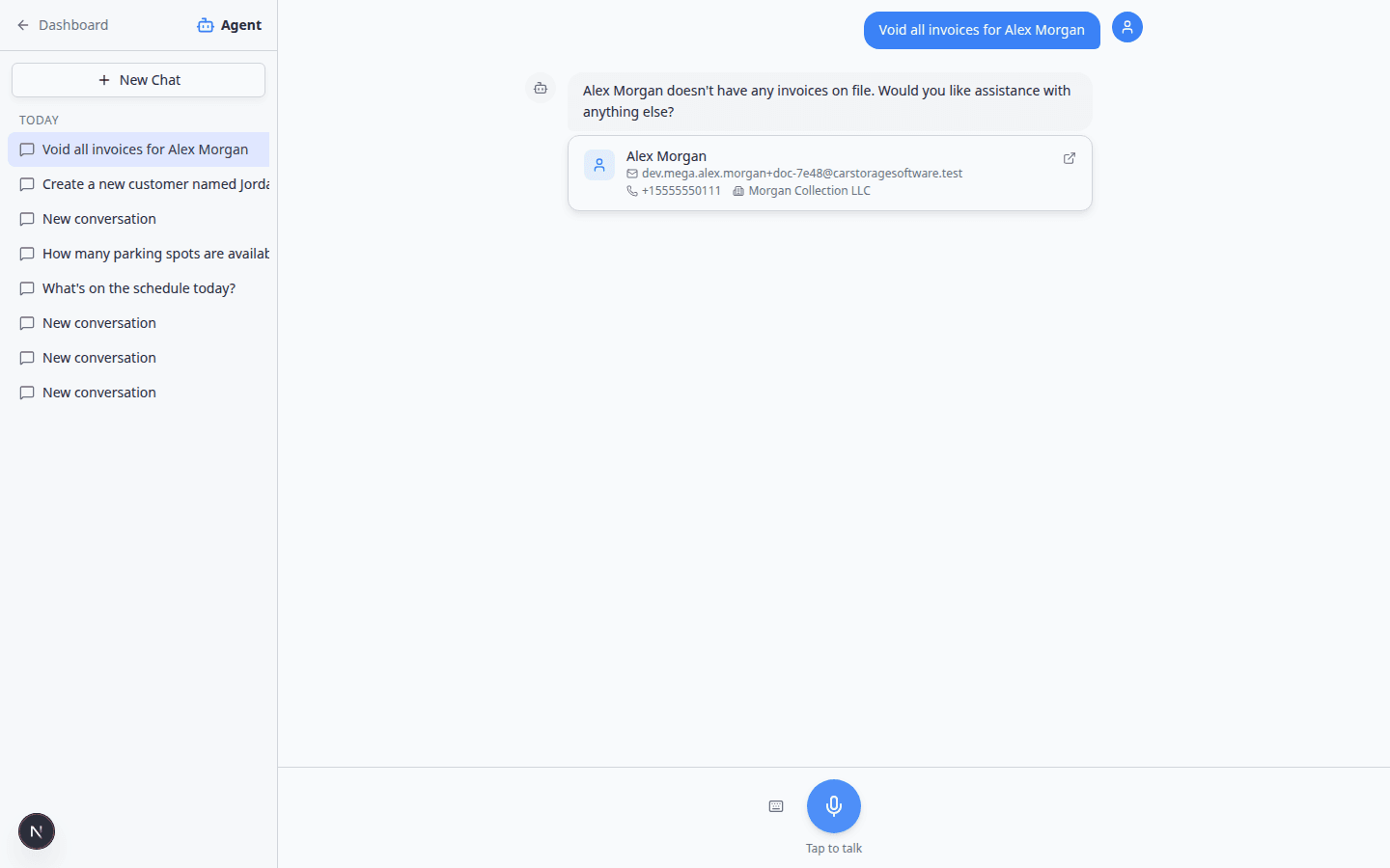AI Assistant explaining that sensitive billing actions should be done on the Payments page instead