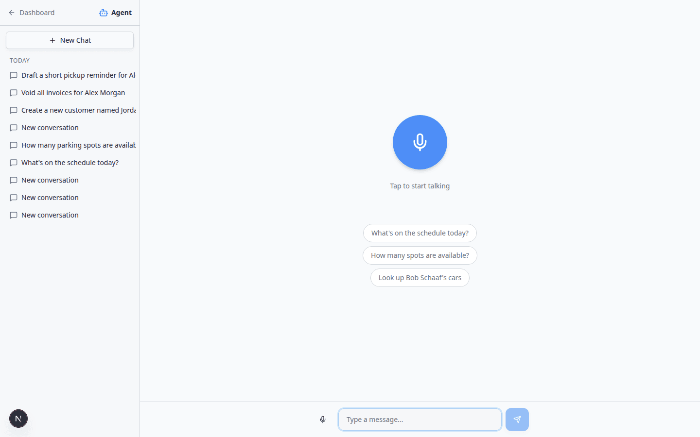 AI Assistant with the left sidebar showing New Chat and recent conversations grouped under Today