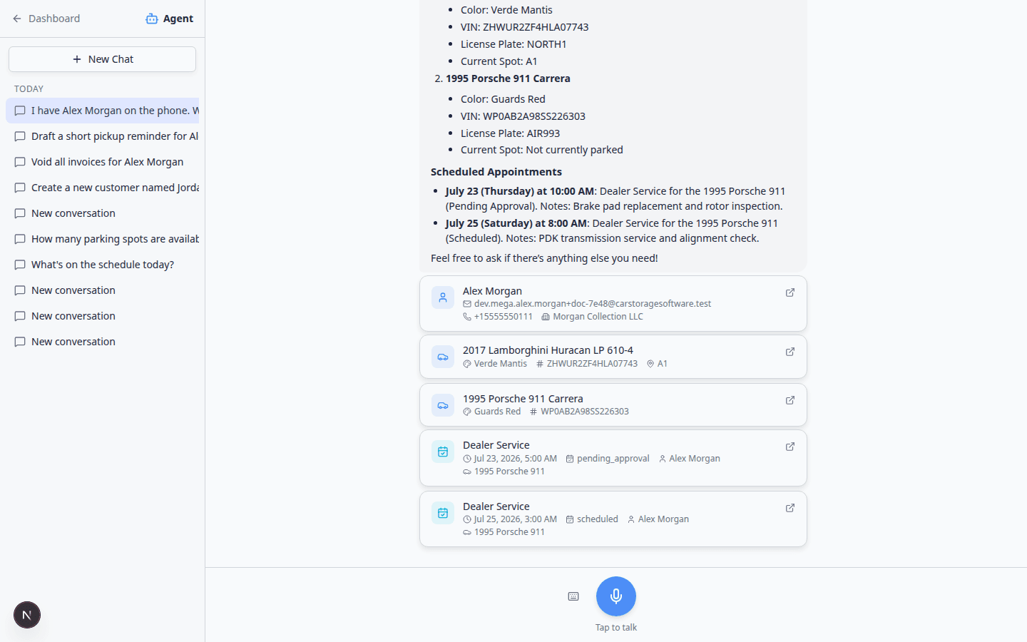 AI Assistant showing vehicle and schedule information for a customer lookup during a phone call