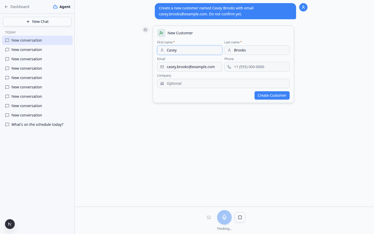 AI Assistant proposal cards with an edited first name field and Confirm All button visible