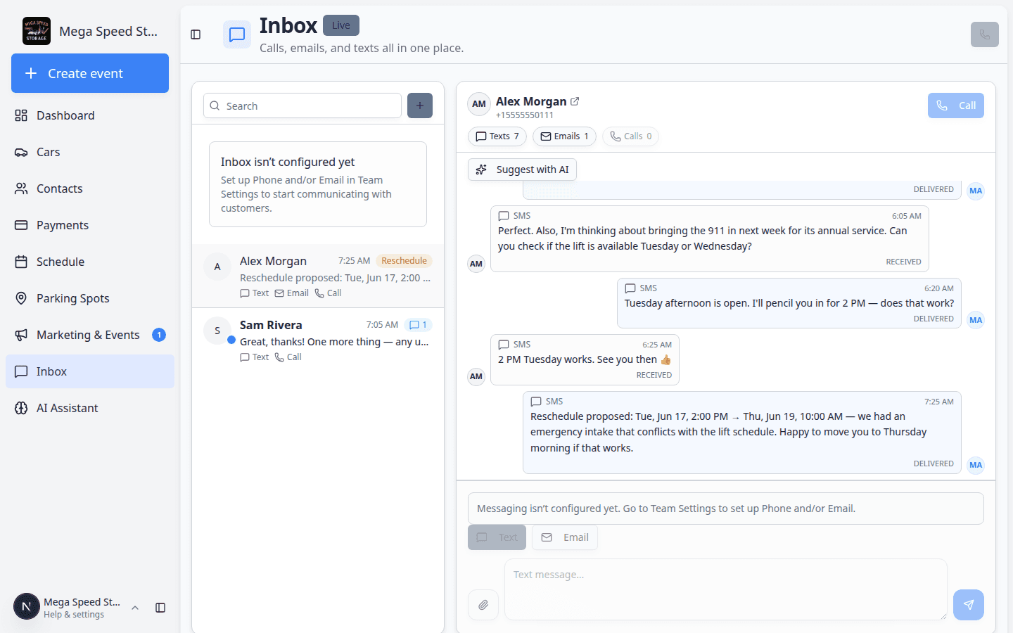 Inbox conversation with Suggest with AI button and a drafted reply ready to edit before sending