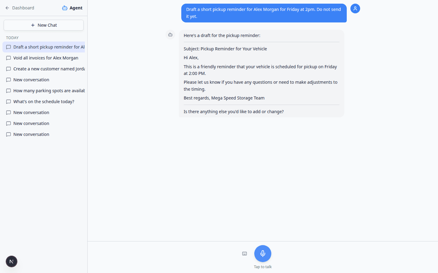 AI Assistant showing a drafted customer message in the chat