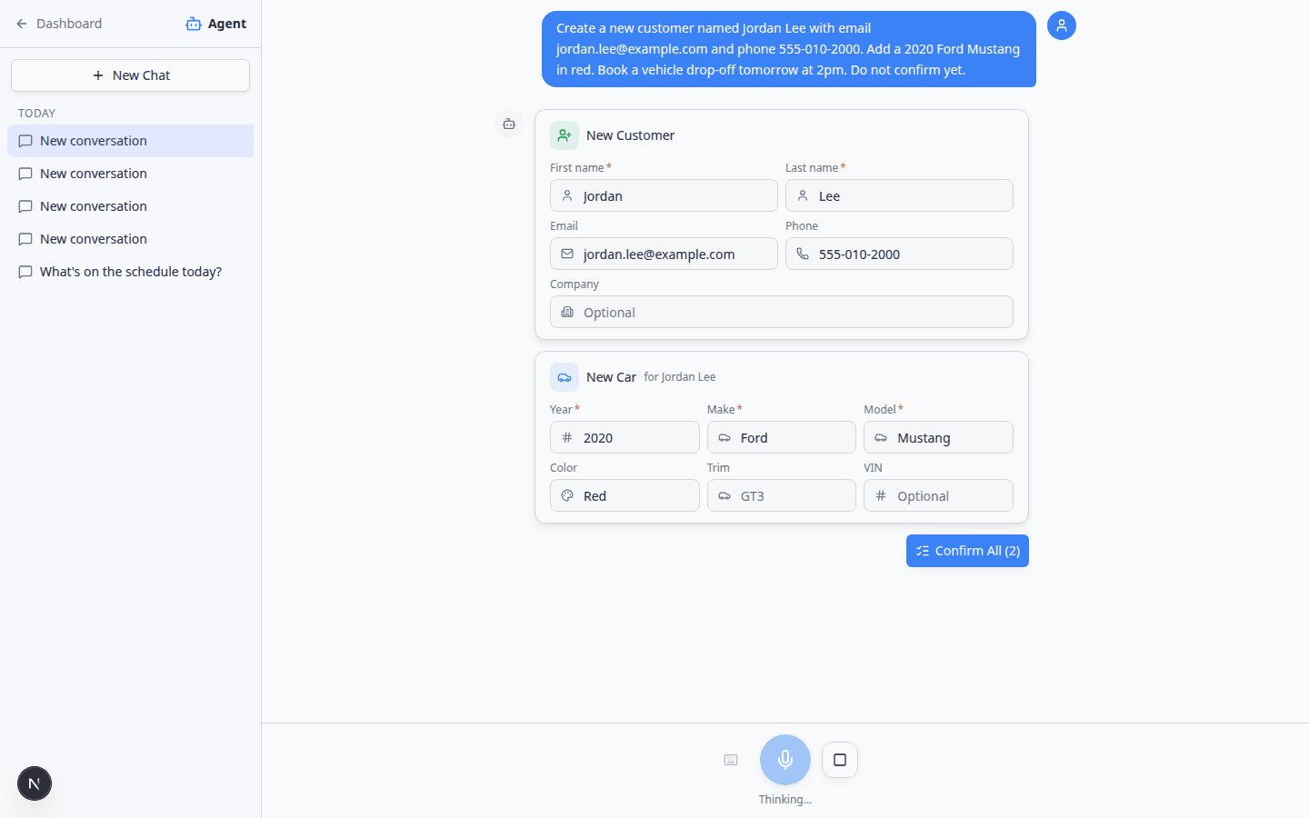 AI Assistant chat showing a long user message to create a customer, car, and drop-off appointment before the assistant responds