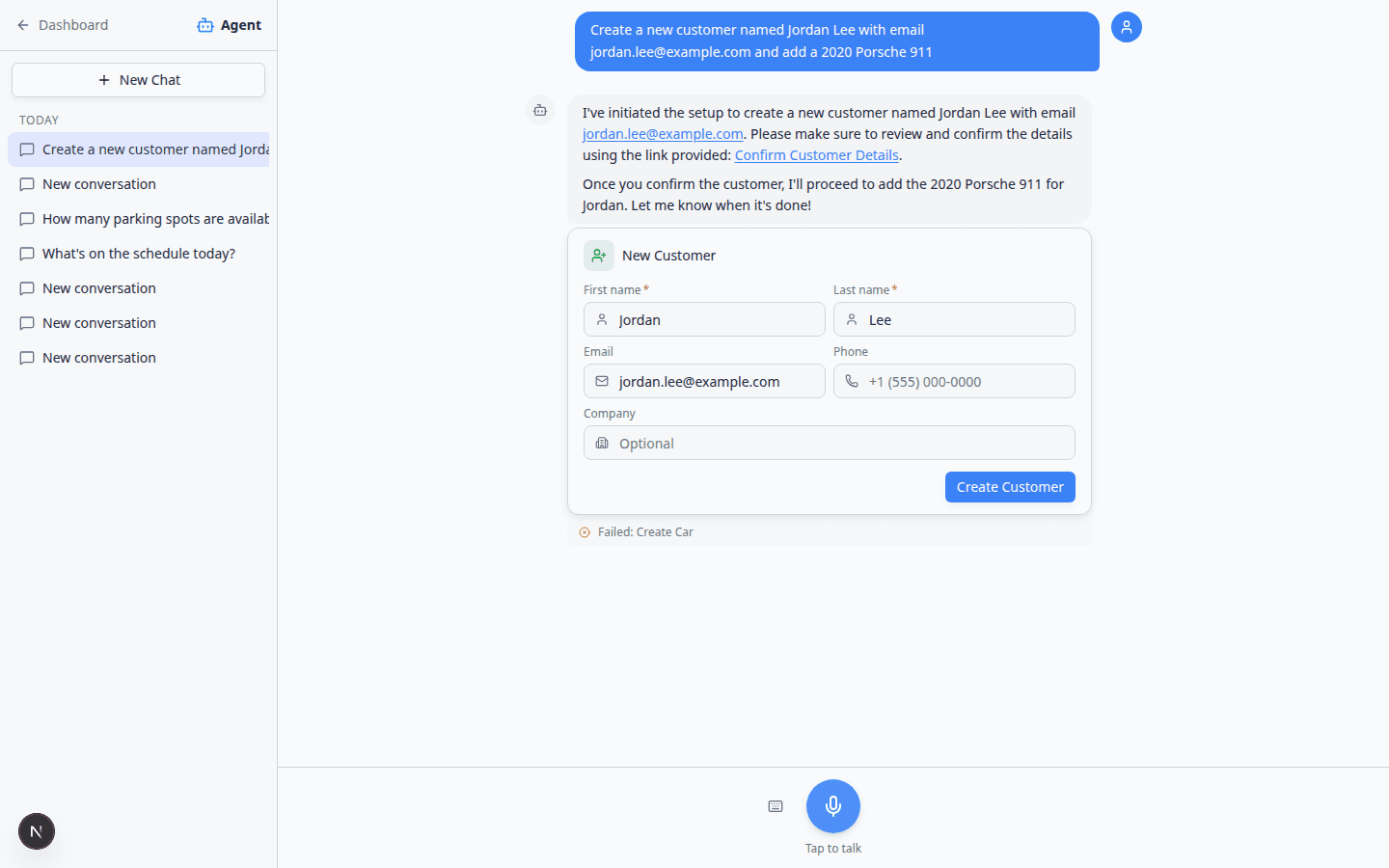 AI Assistant showing New Customer and New Car proposal cards with a Confirm All button