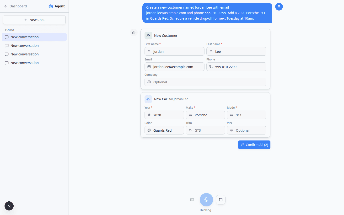 AI Assistant showing New Customer and New Car proposal cards with Confirm All button