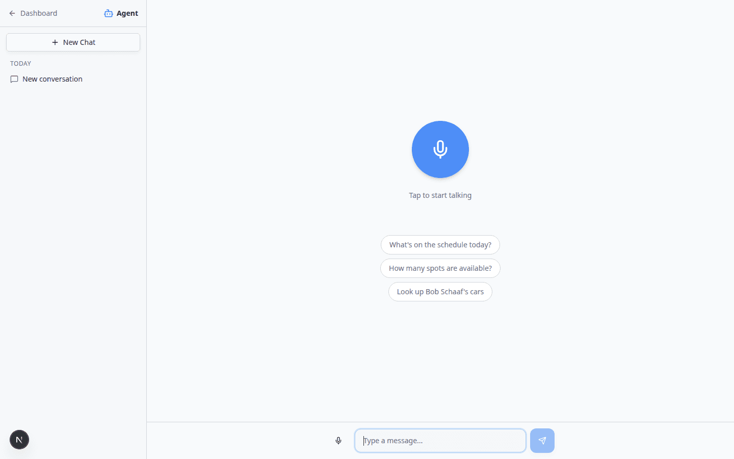 AI Assistant start screen with voice orb, three suggestion chips, and Type a message field at the bottom