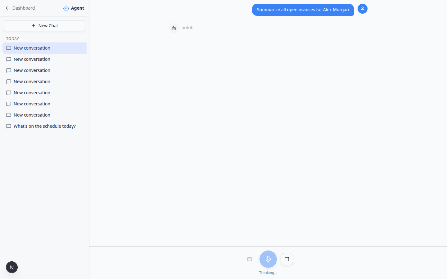 AI Assistant chat showing animated thinking dots with a stop button near the bottom input area