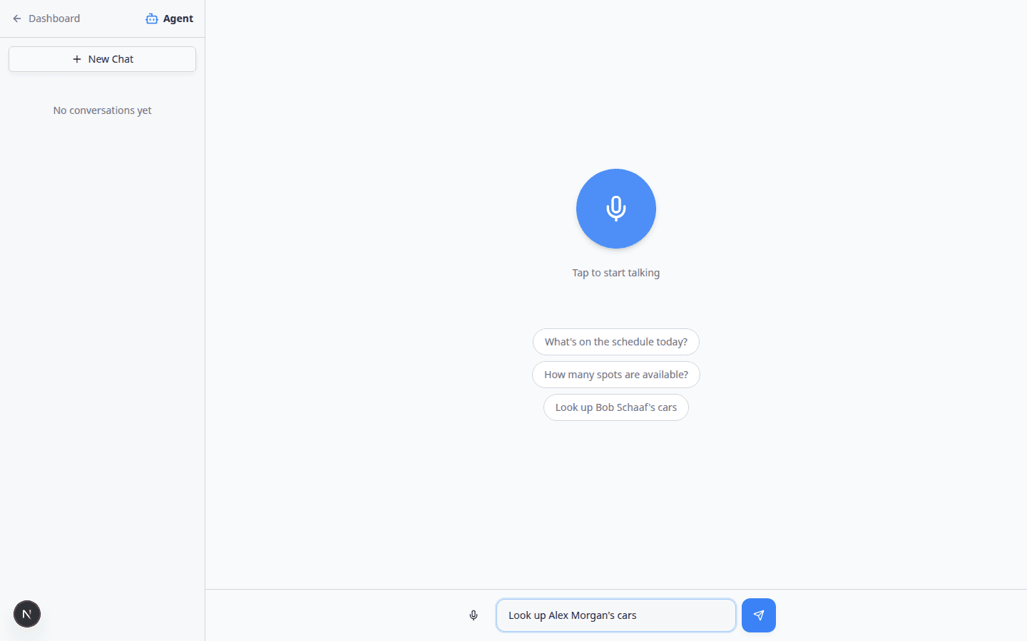 Active AI Assistant chat showing the keyboard icon for Type instead and a text field at the bottom