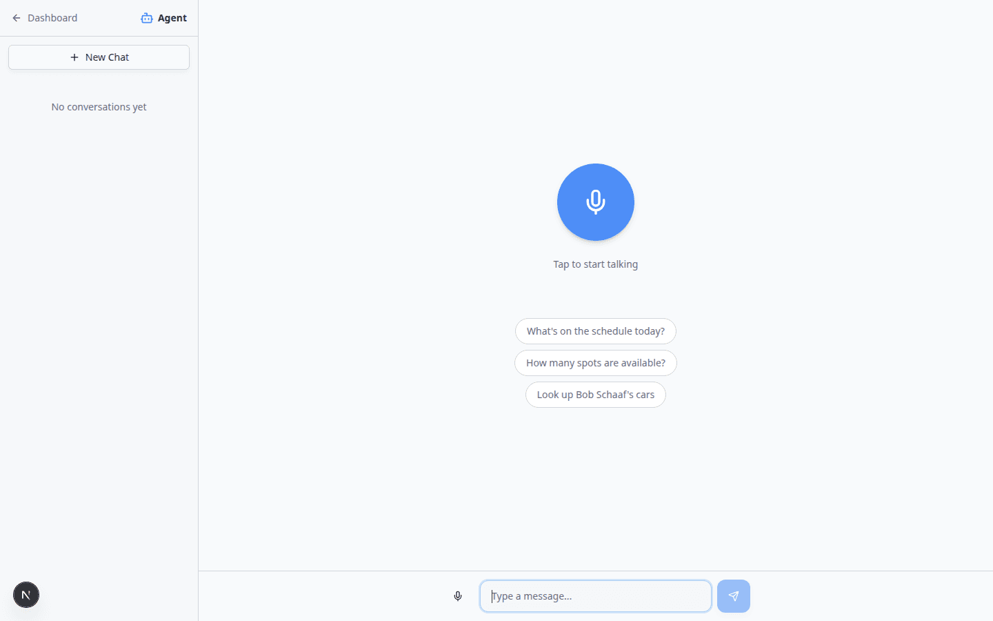 AI Assistant start screen showing the microphone button and Type instead link below it