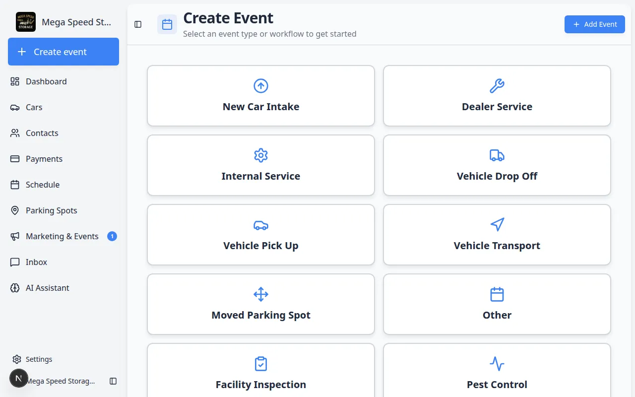 Create event home page showing Mega Speed Storage in the sidebar and a grid of event type cards