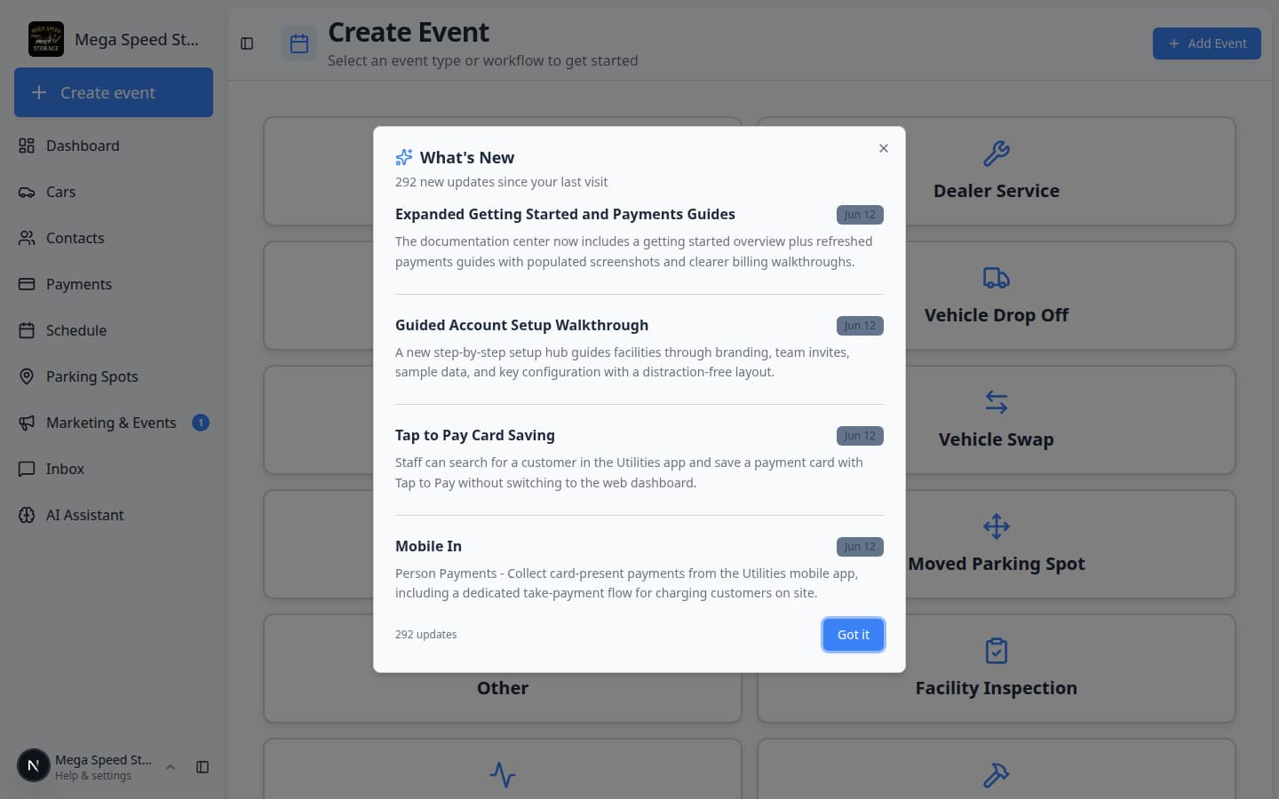 Create event home page showing Mega Speed Storage in the sidebar and a grid of event type cards such as Vehicle Drop Off and Vehicle Pick Up