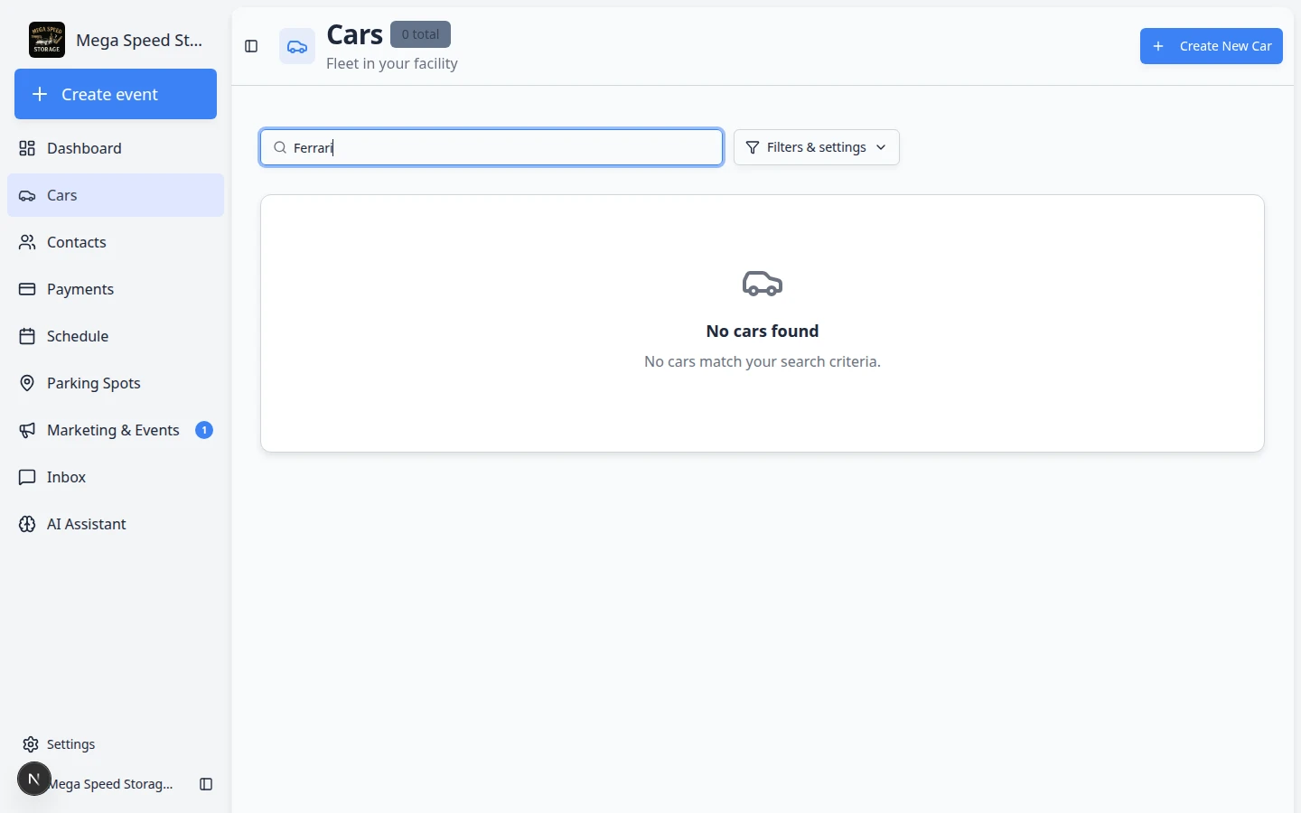 Cars page with Ferrari typed in the search box and matching vehicle rows filtered in the list