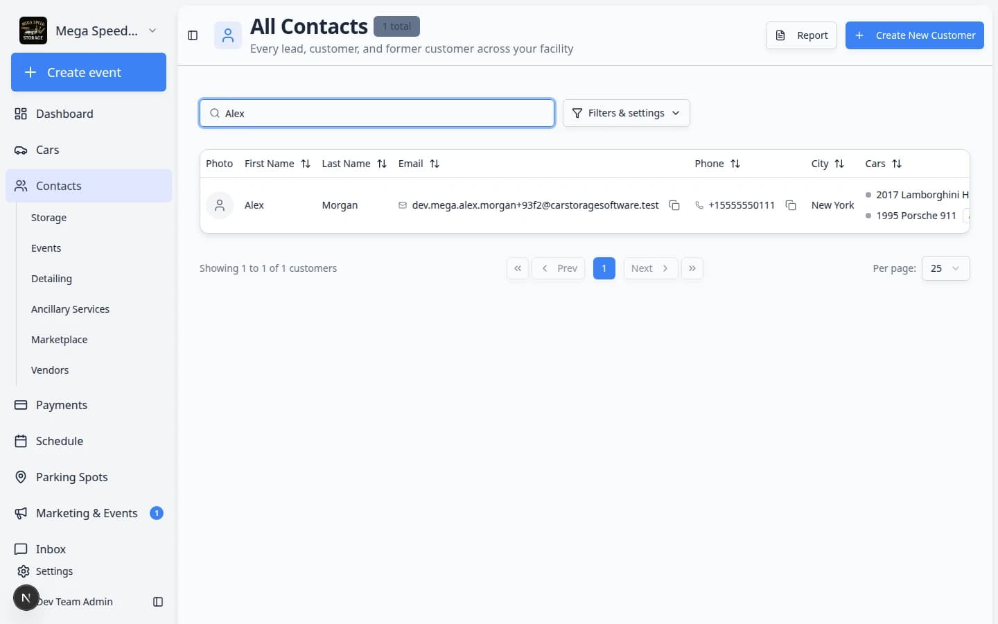 Contacts page with search box filled in showing matching customer results before creating a new record