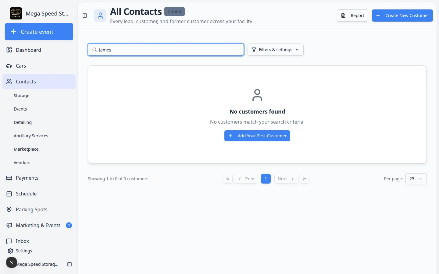 Contacts page search box with James typed in and filtered customer rows listed below