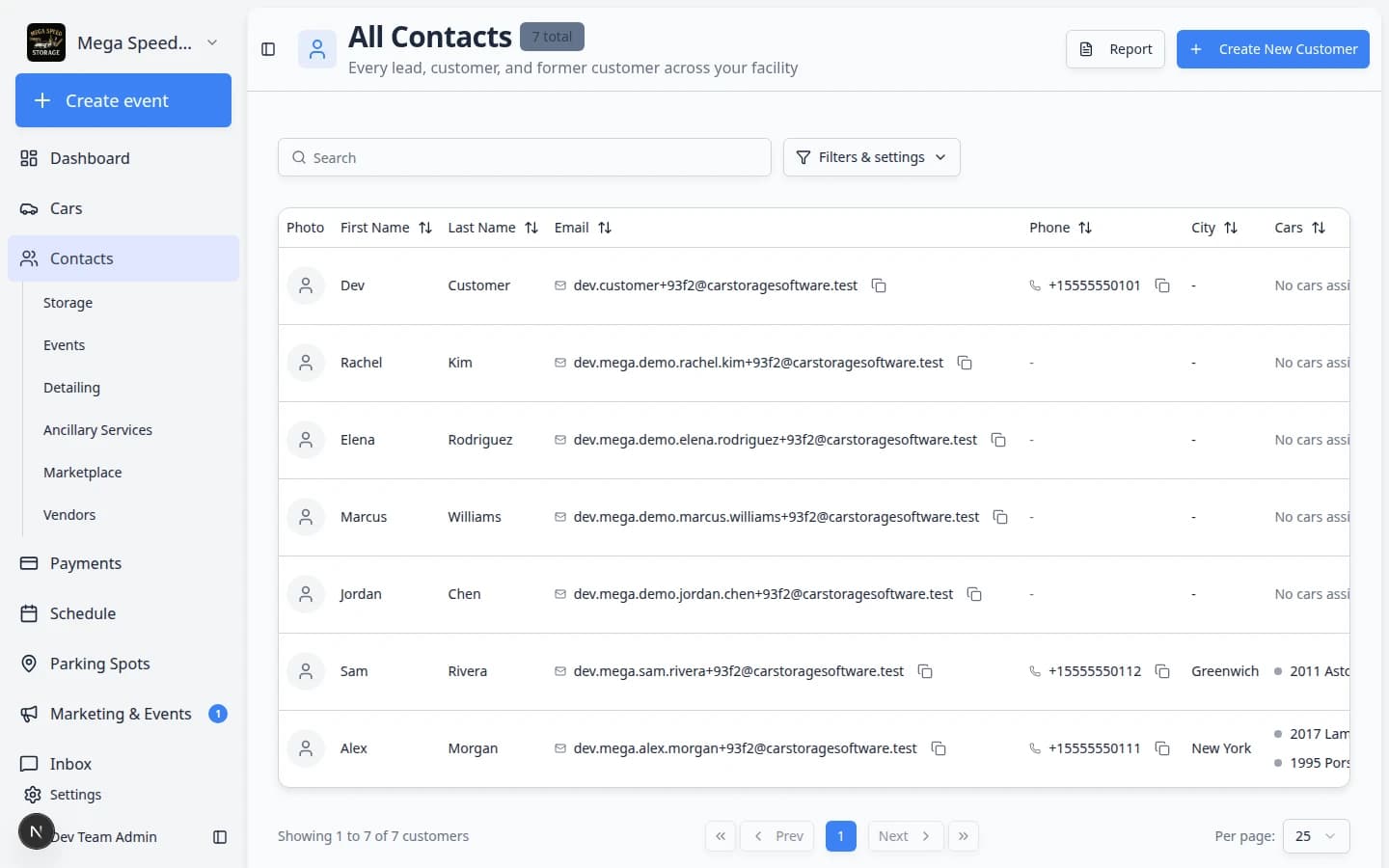 Contacts page showing customer rows with name, email, phone, and CRM information