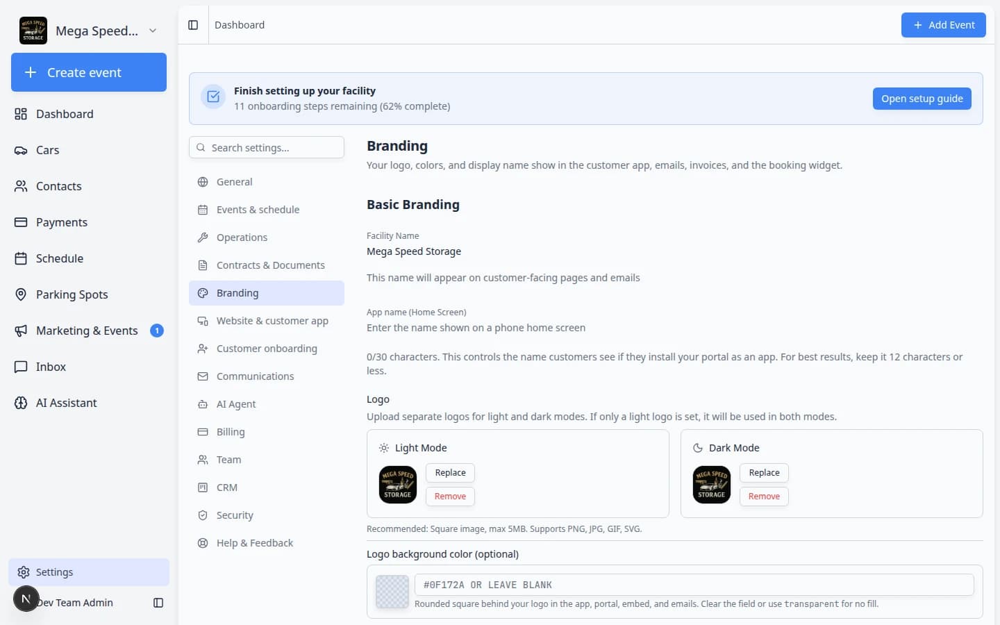 Settings Branding page showing Basic Branding with facility name, app name, and logo upload areas