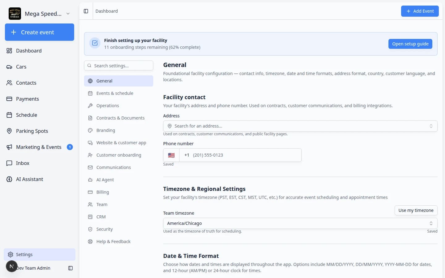 Settings page showing a menu of facility configuration options including Branding, General, Website, Team, and Billing