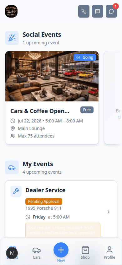 Customer portal home on a phone showing Social Events and My Events with upcoming event cards