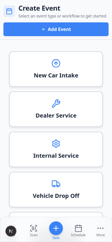 Staff Create event page on an iPhone-sized screen showing event type cards such as Vehicle Drop Off