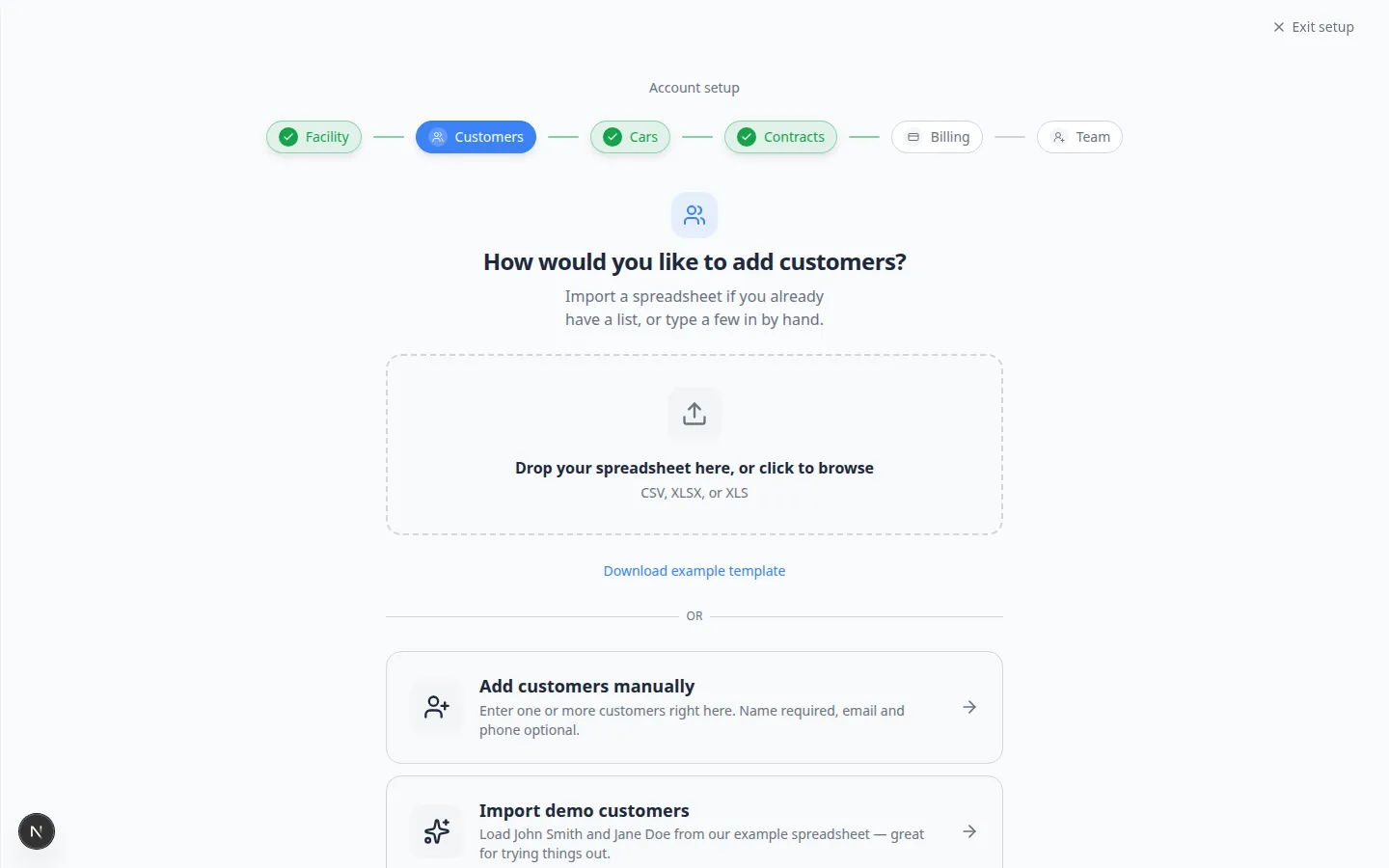 Onboarding wizard Customers step showing spreadsheet upload and manual customer entry options