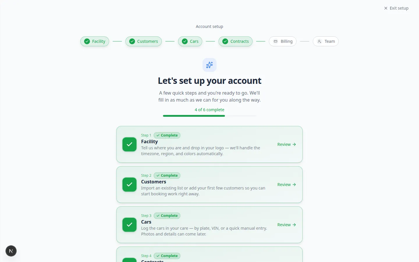 Setup Guide hub with completed Facility and Customers steps showing green check marks