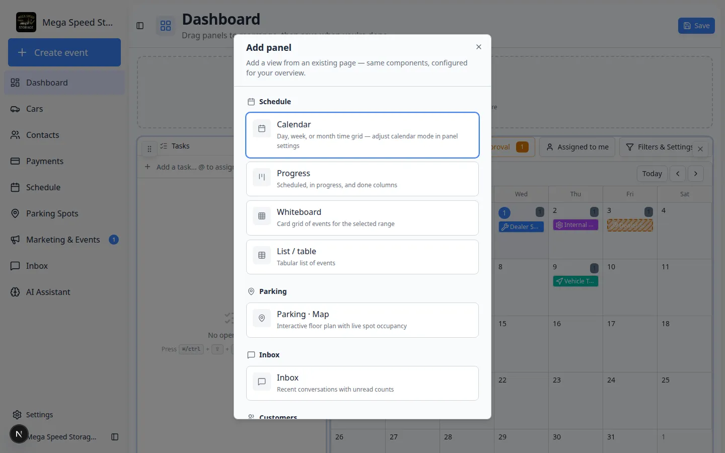 Add panel dialog listing schedule, cars, parking, charts, and shortcut options
