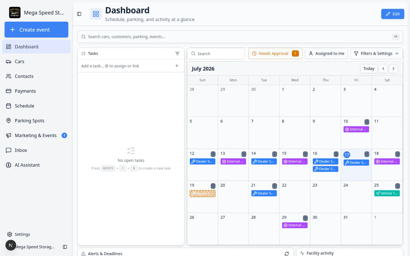 Dashboard beta page showing multiple widgets such as schedule calendar, parking map, and activity feeds
