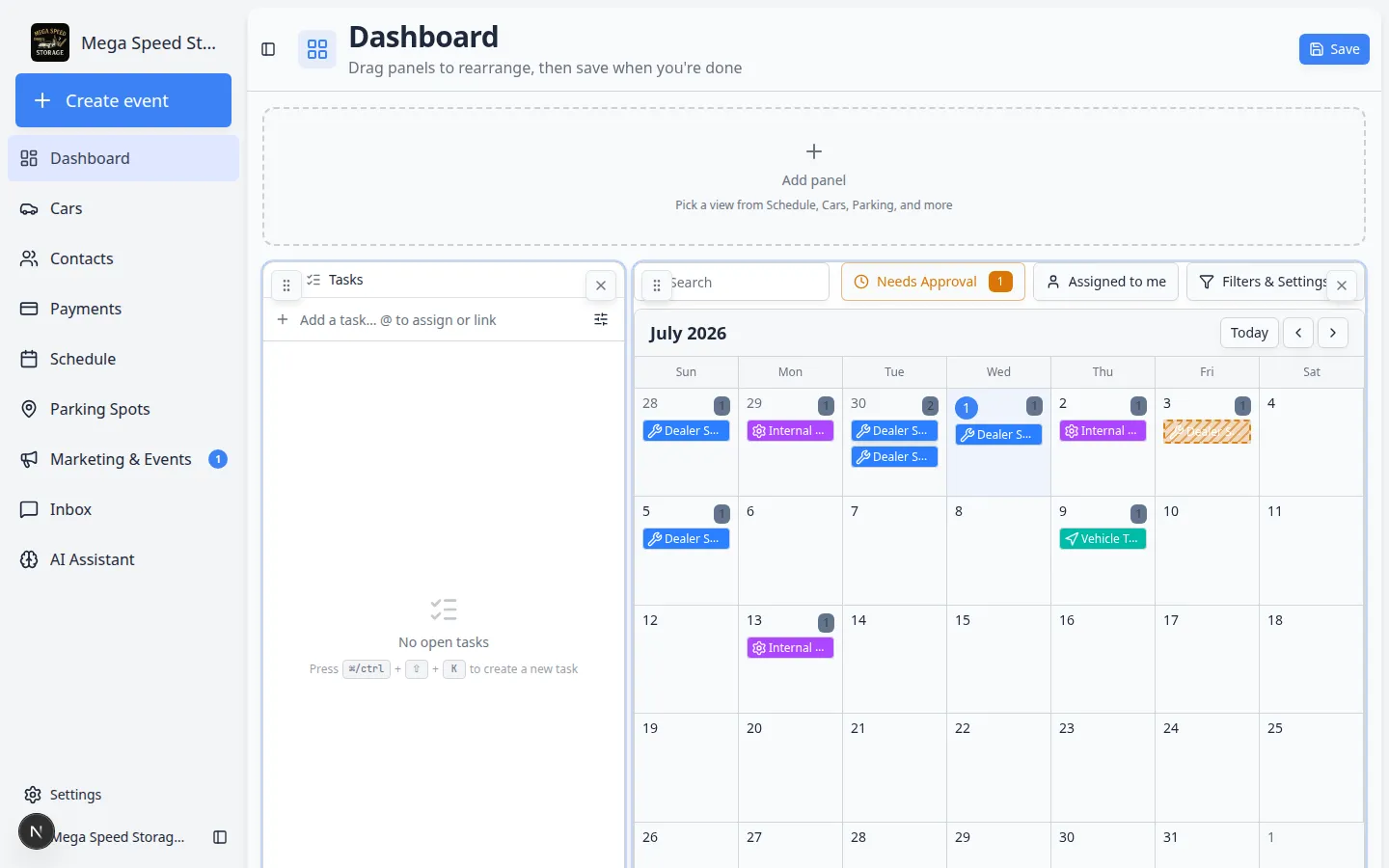 Dashboard in edit mode showing Add panel placeholder and draggable widget grid