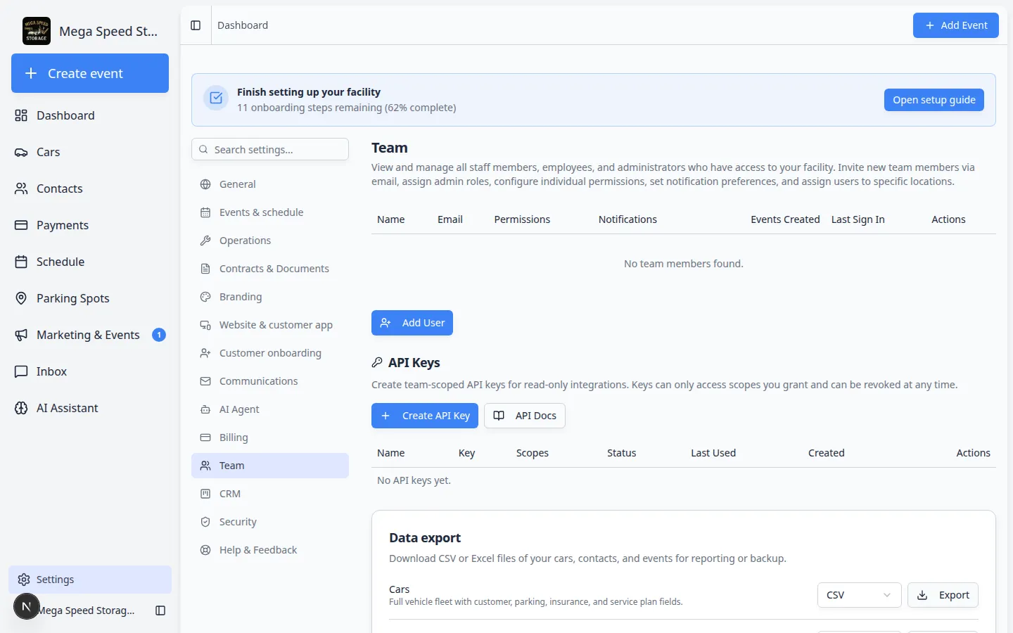 Settings Team page showing Default dashboard layout section with widget grid preview