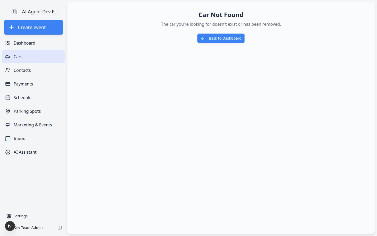 Add menu on a car detail page showing Create event, Quick task, Quick photo, and Upload document