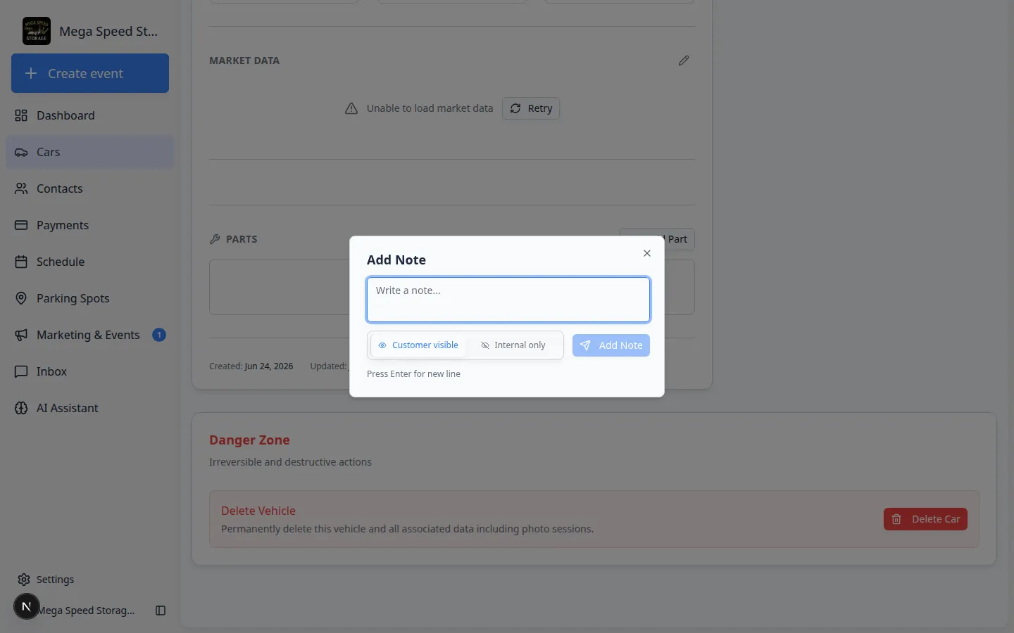 Add note dialog on a car record with Customer visible and Internal only options and a text field