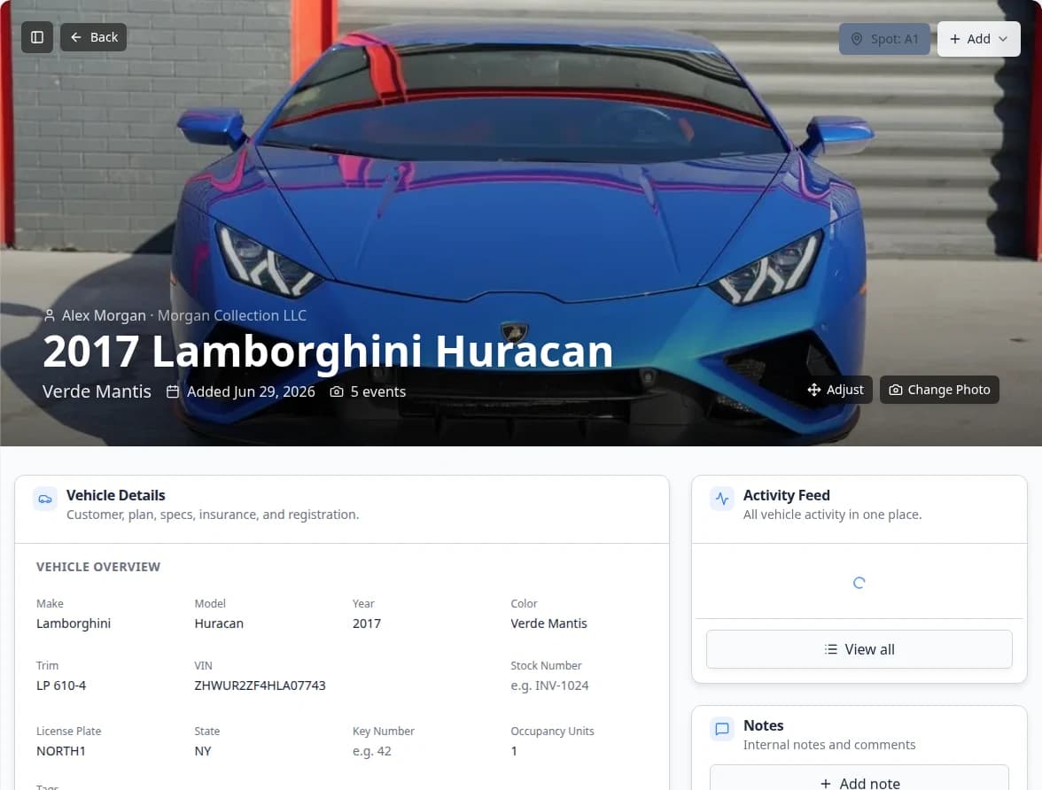 Car detail page banner showing Zone Outdoor Lot button and Add menu at the top right