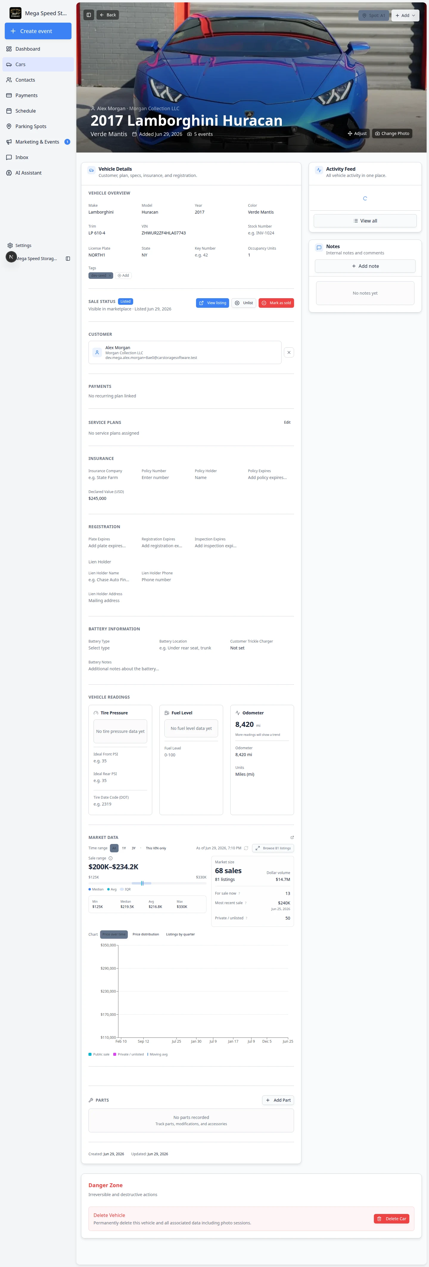 Vehicle Details section showing fields for make, model, year, color, VIN, plate, customer, and service plans