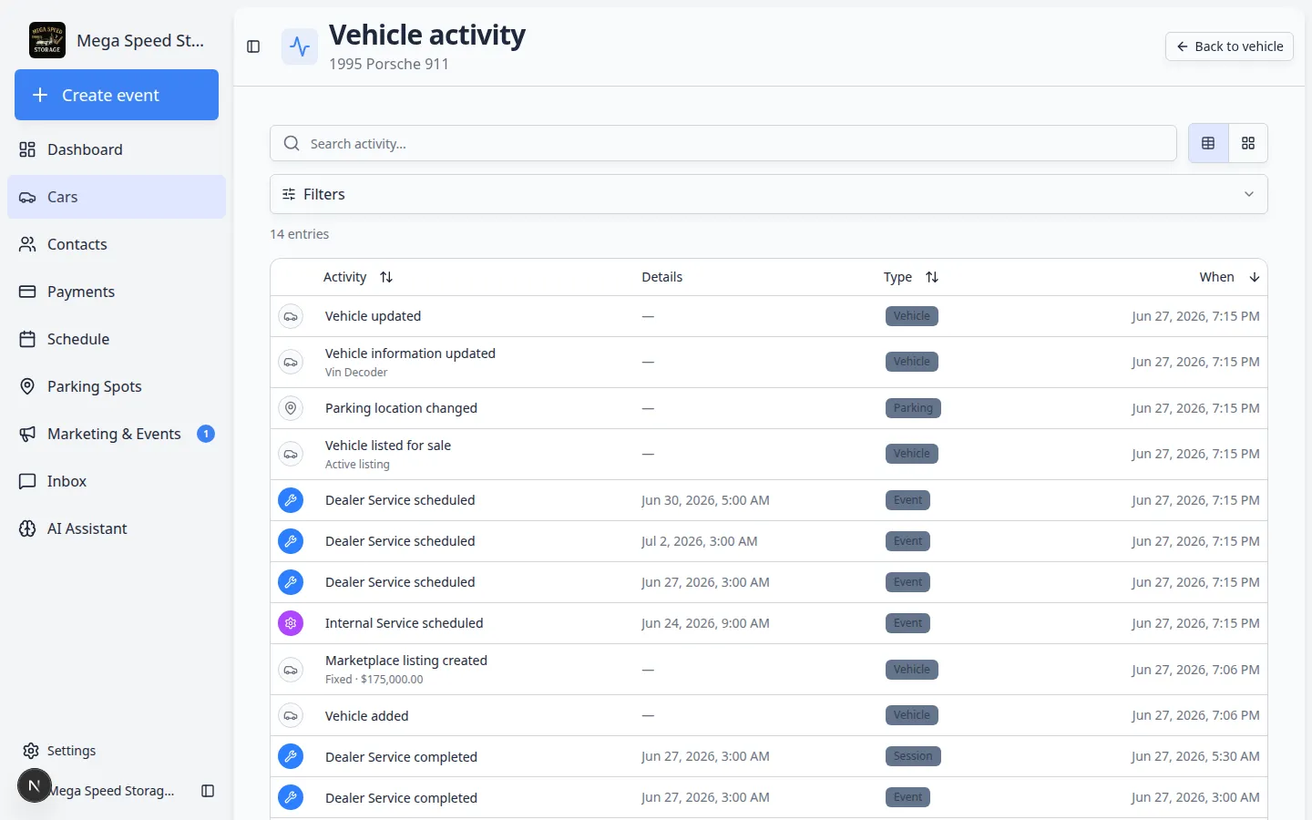 Vehicle activity page showing searchable full history for one car with Back to vehicle button
