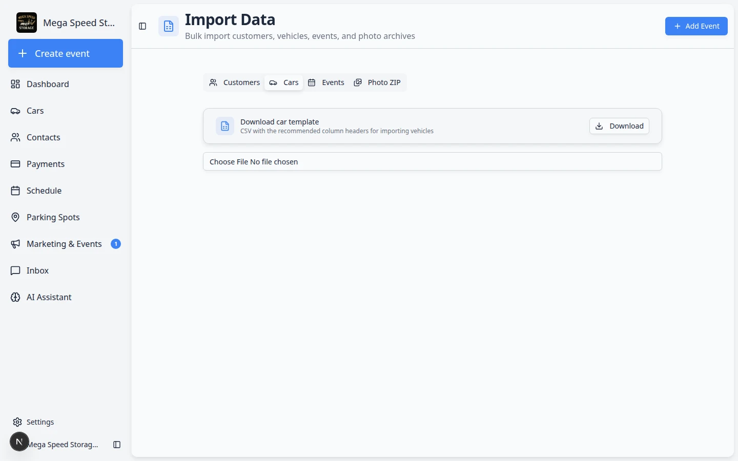 Cars tab on Import Data showing the car template download card and file upload area