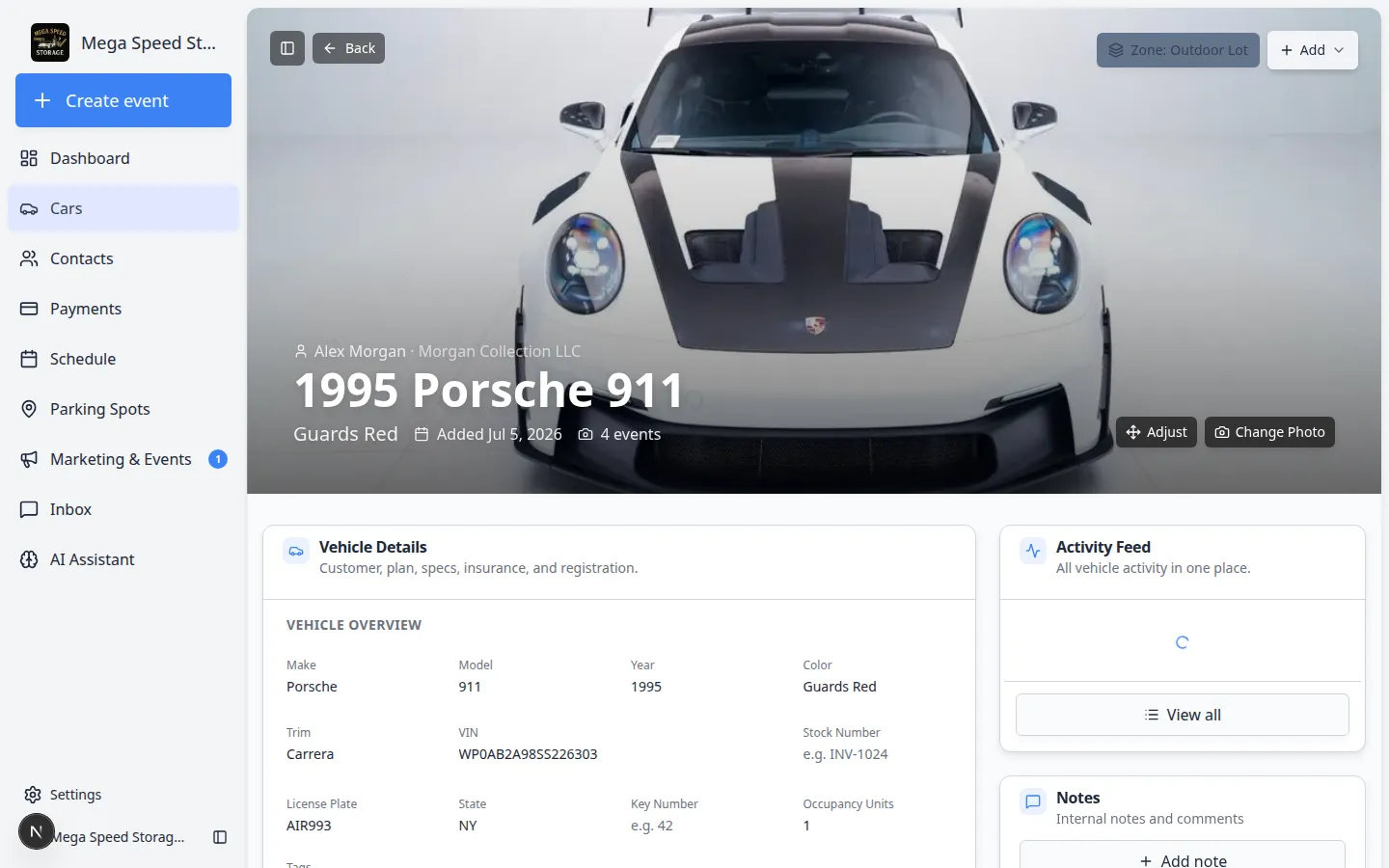 Service Plans section on a car detail page showing an assigned plan with start date and included services