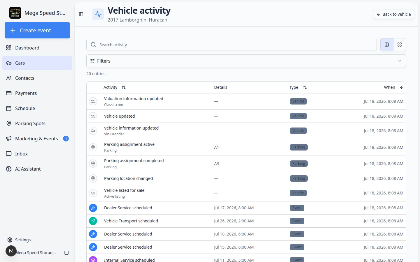 Vehicle activity page showing a searchable list of events, parking moves, and other changes for a Lamborghini Huracan