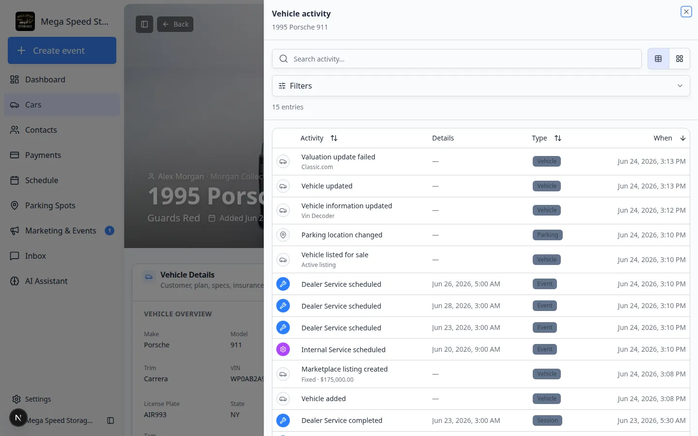 View all activity panel showing a searchable list of every event and change on a car record