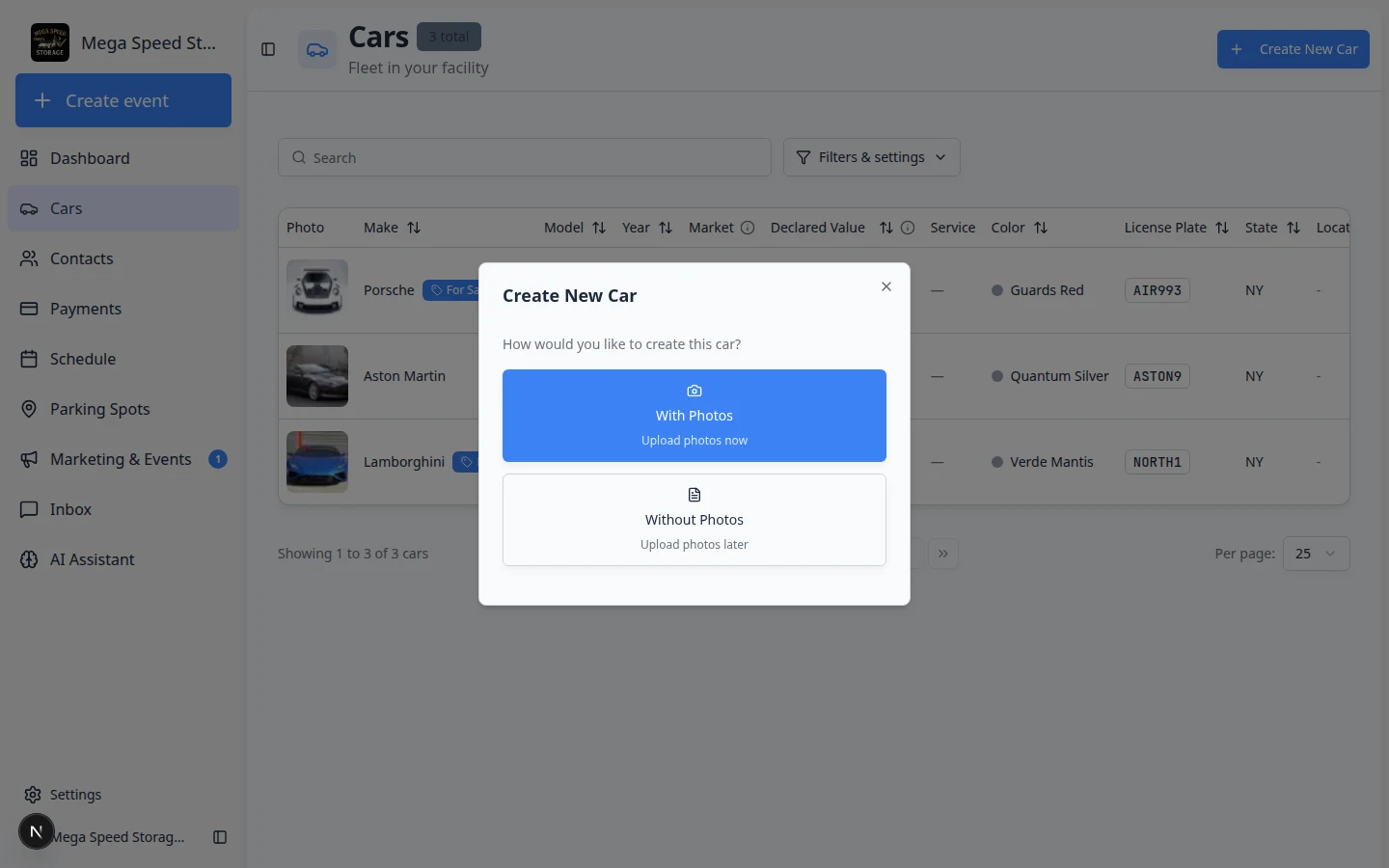 Create New Car dialog showing two options: With Photos and Without Photos