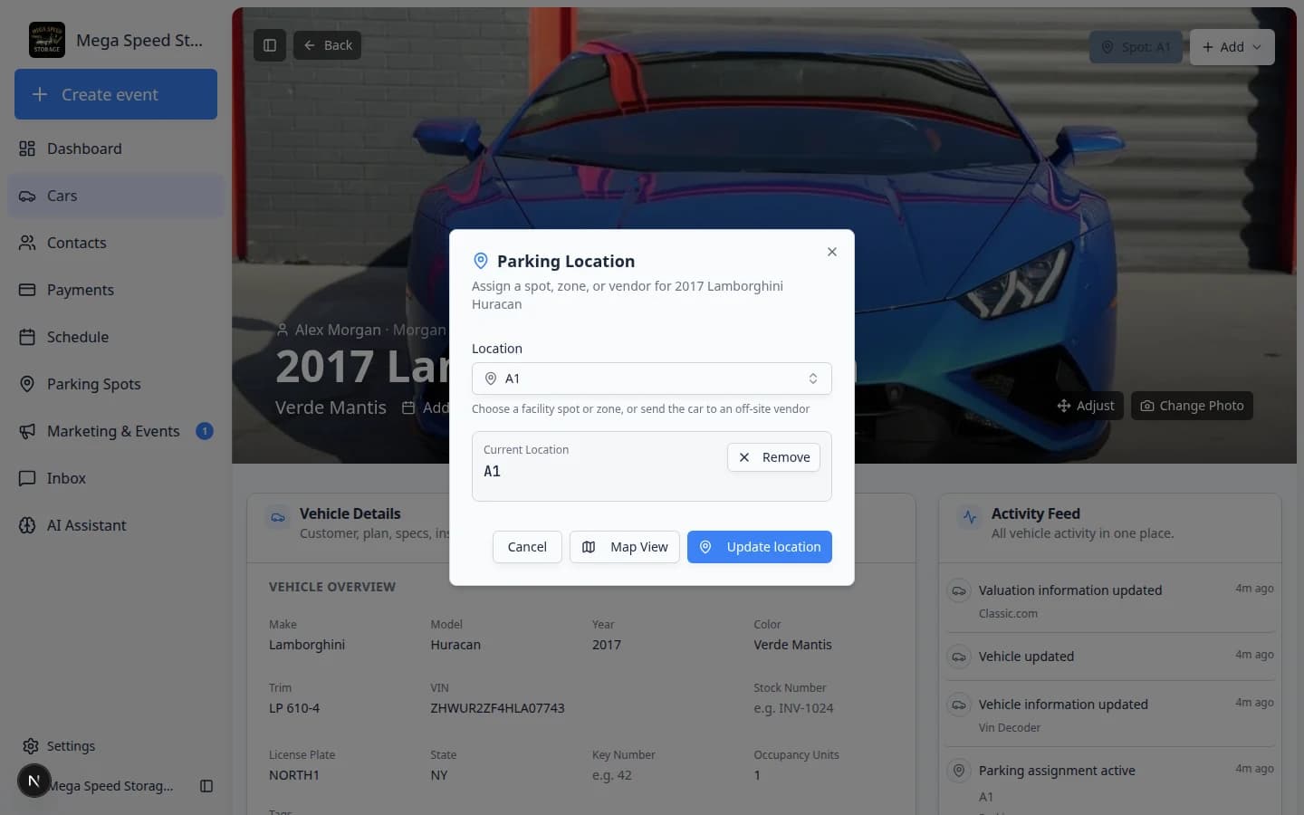 Parking Location window with Location field, current spot shown, Map View button, and Update location button