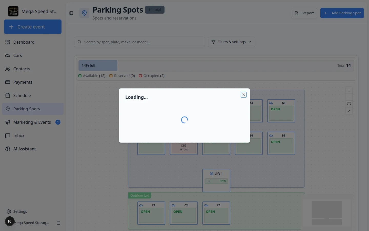 Parking spot dialog on the facility map showing options to assign or move a car to the selected spot