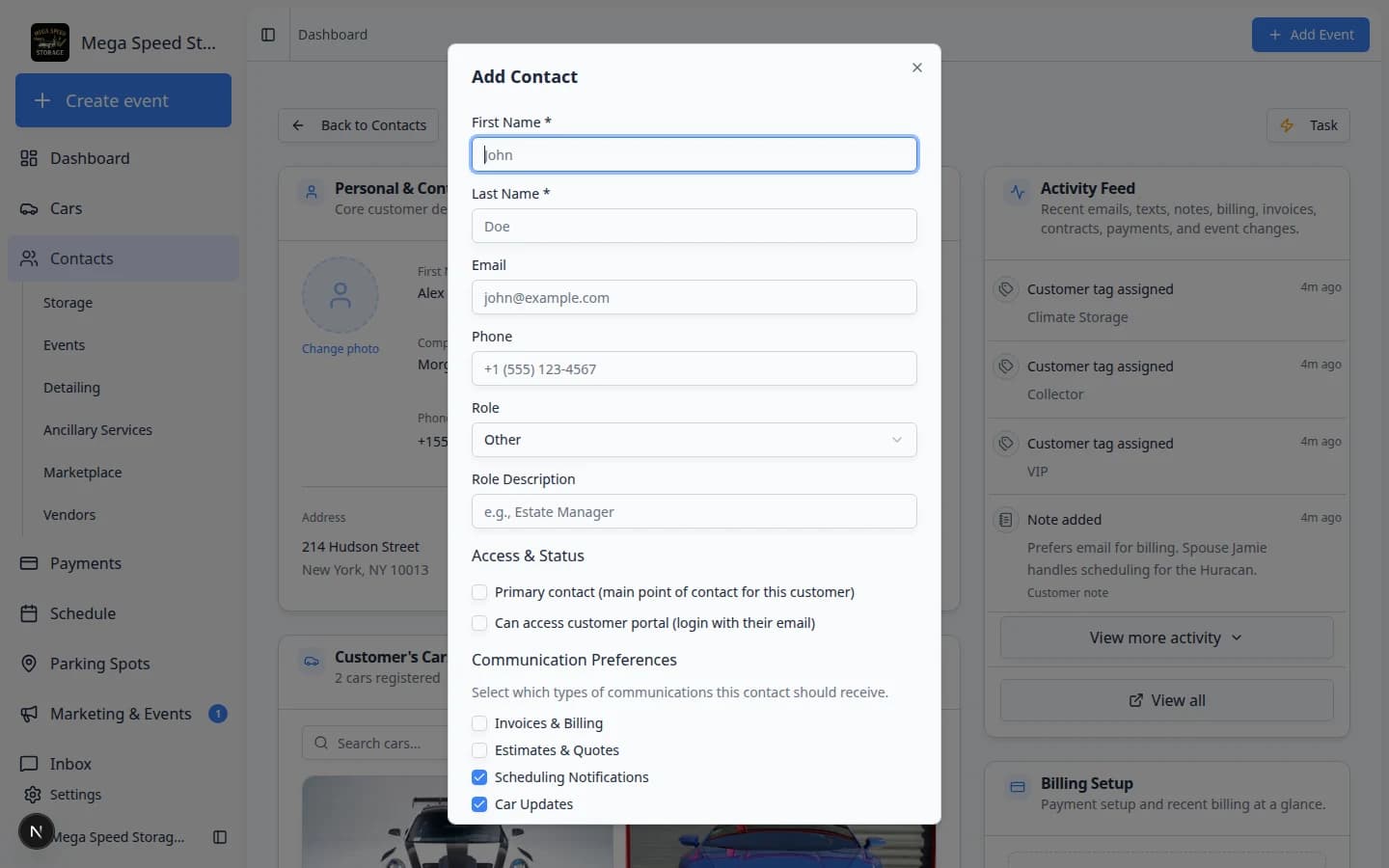 Add Contact dialog showing name, email, phone, role, portal access checkbox, and communication preference checkboxes with Scheduling, Car Updates, and Contracts selected