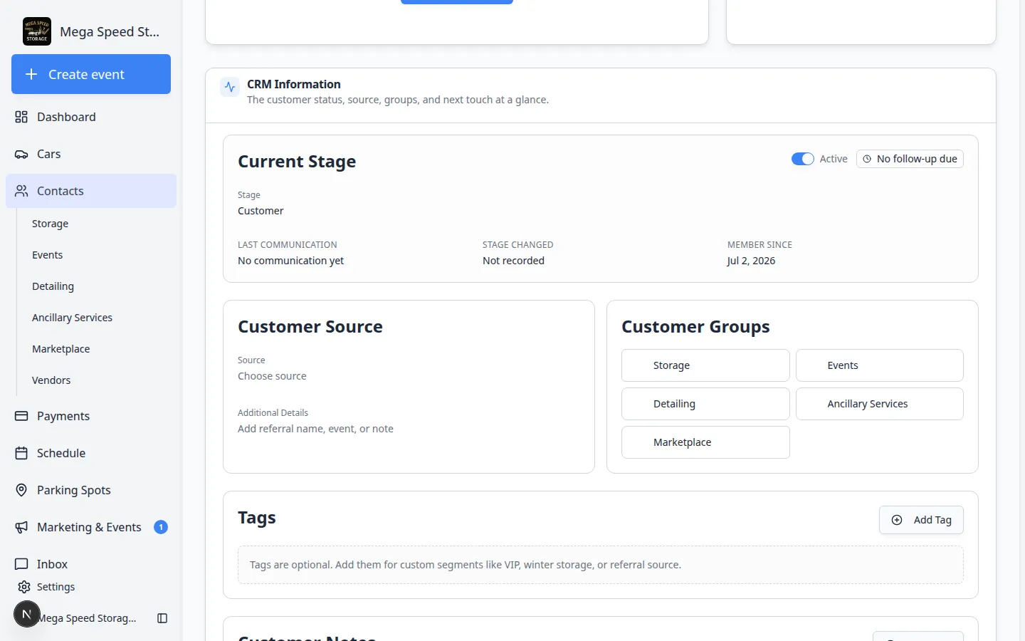 Billing Setup section on a customer detail page showing payment processing status and Add to Stripe button