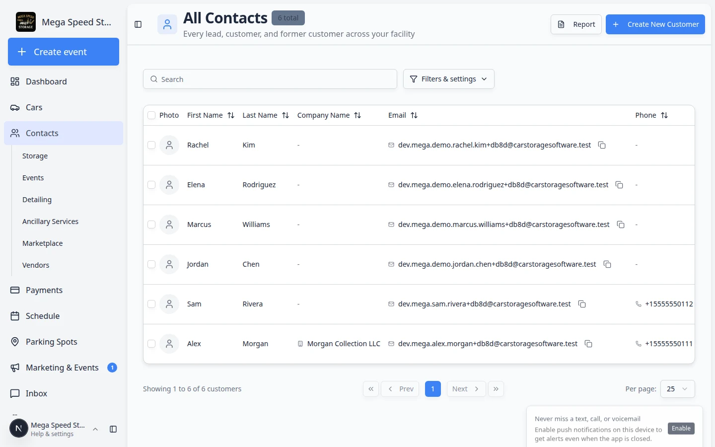 Contacts page in Card view showing customer cards in a grid with names, emails, and CRM details