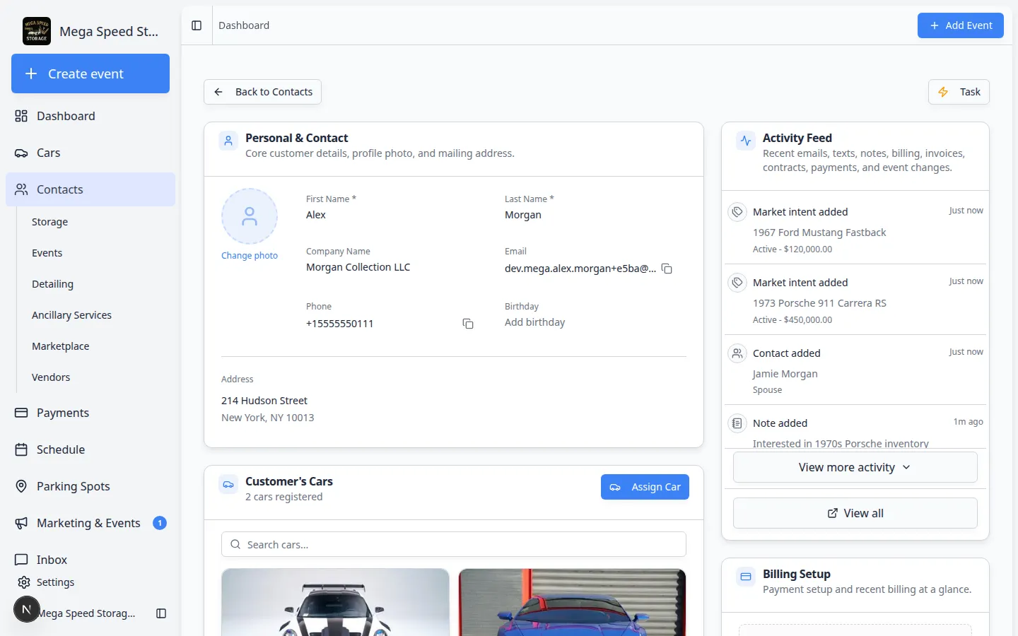 Contacts section on a customer detail page showing an additional contact named Jamie Morgan with spouse role, email, communication preferences count, and portal access