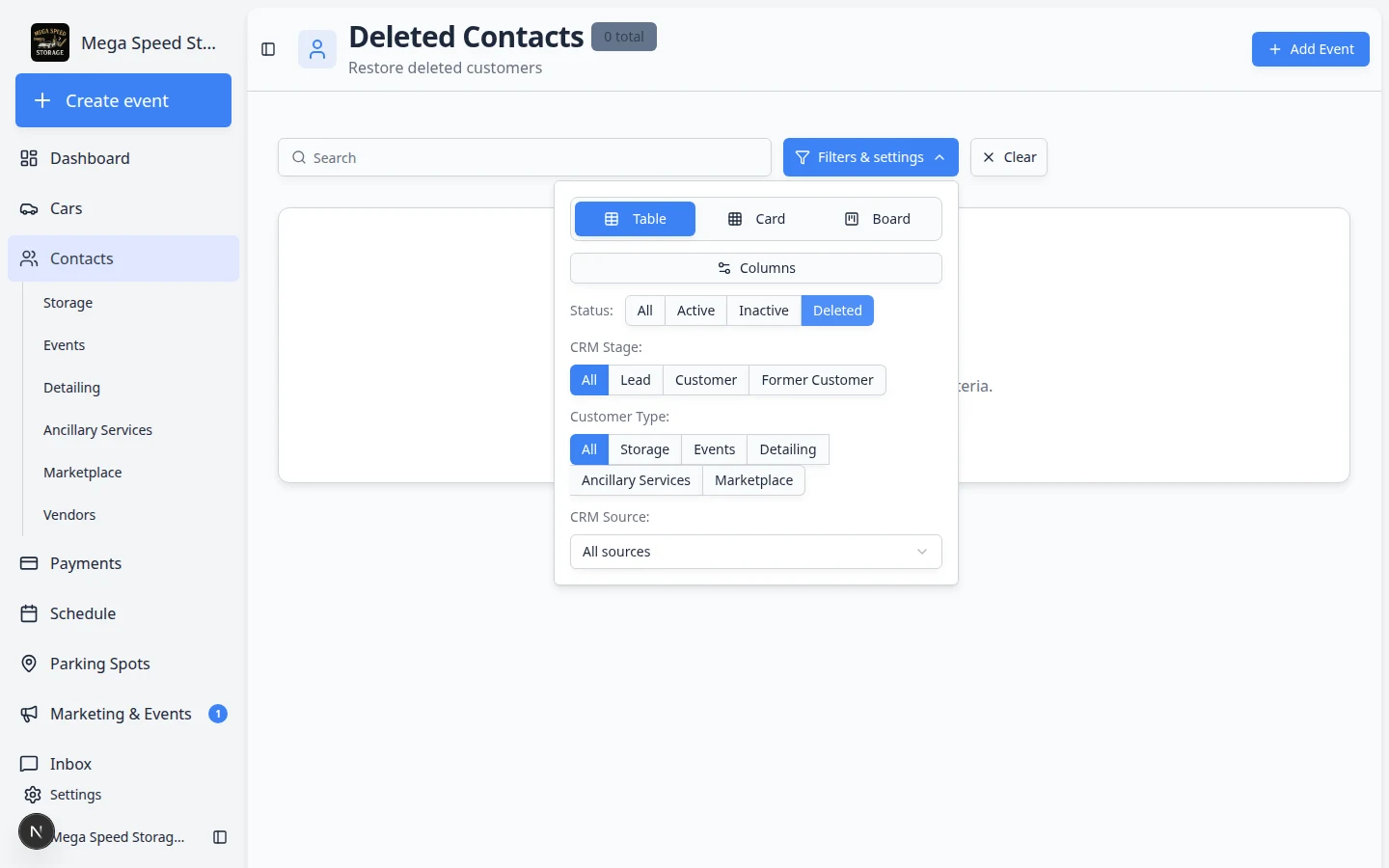 Filters and Settings panel with Status set to Deleted on the All Contacts page