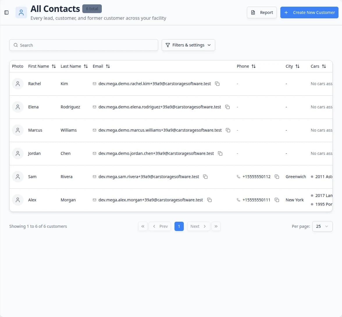 All Contacts page header showing the page title, Create New Customer button, and Report button