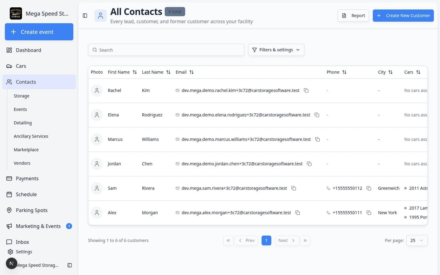 Contacts table with Portal Access and Account Status columns visible in Filters and Settings