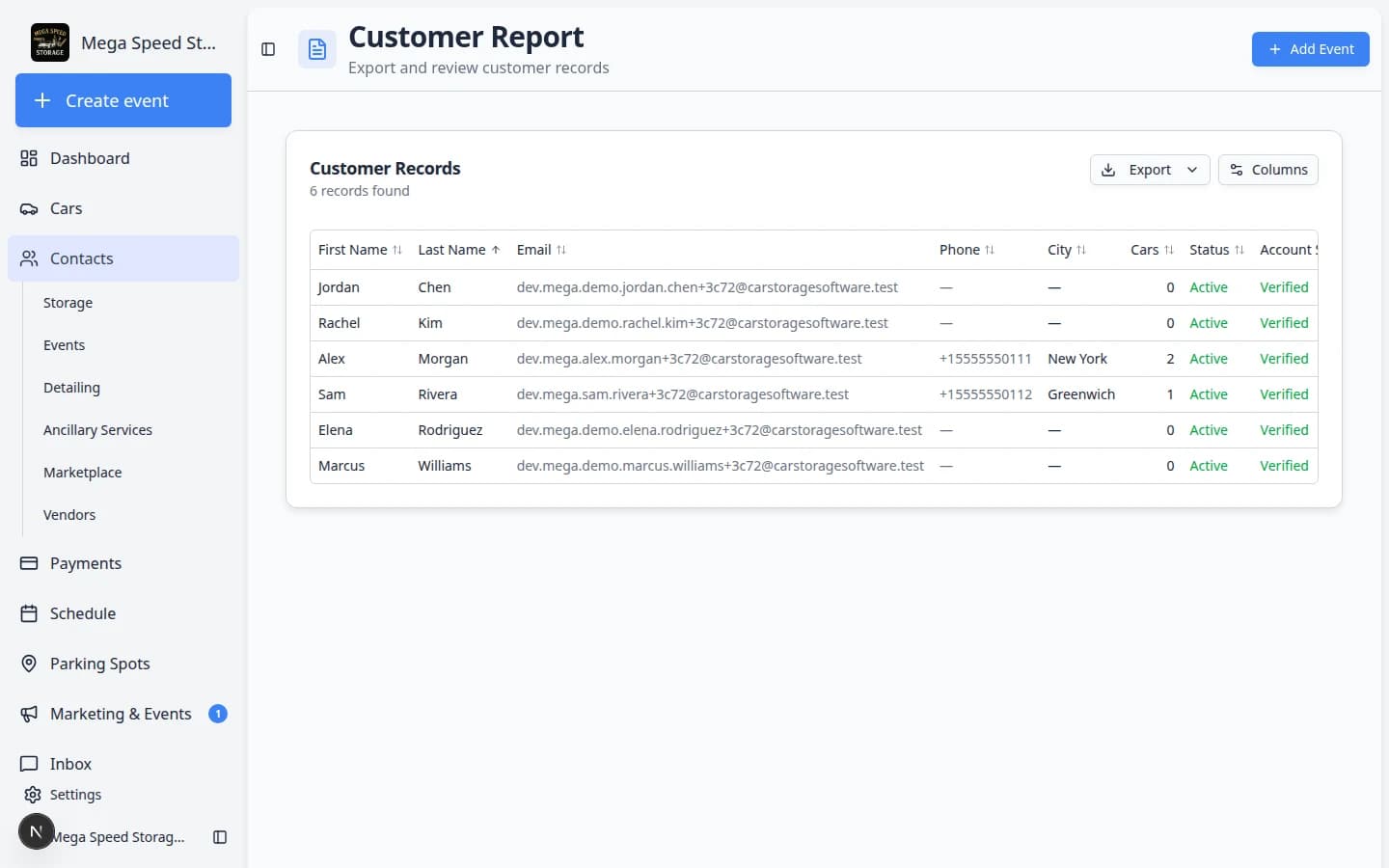 Customer Report Export menu open with Export as CSV option