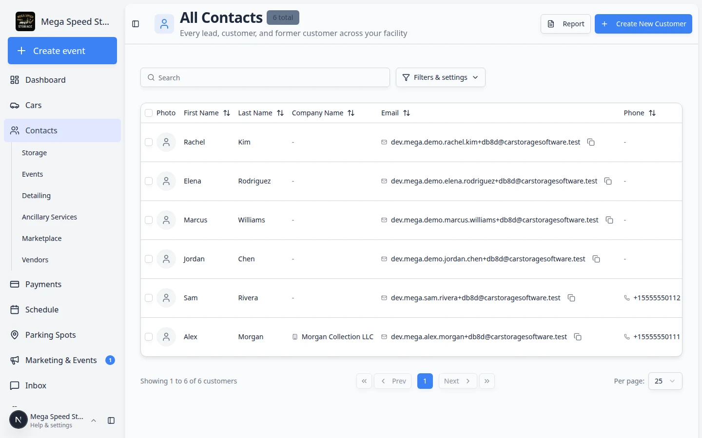 Contacts sidebar expanded showing All Contacts, Storage, Events, Detailing, Ancillary Services, Marketplace, and Vendors